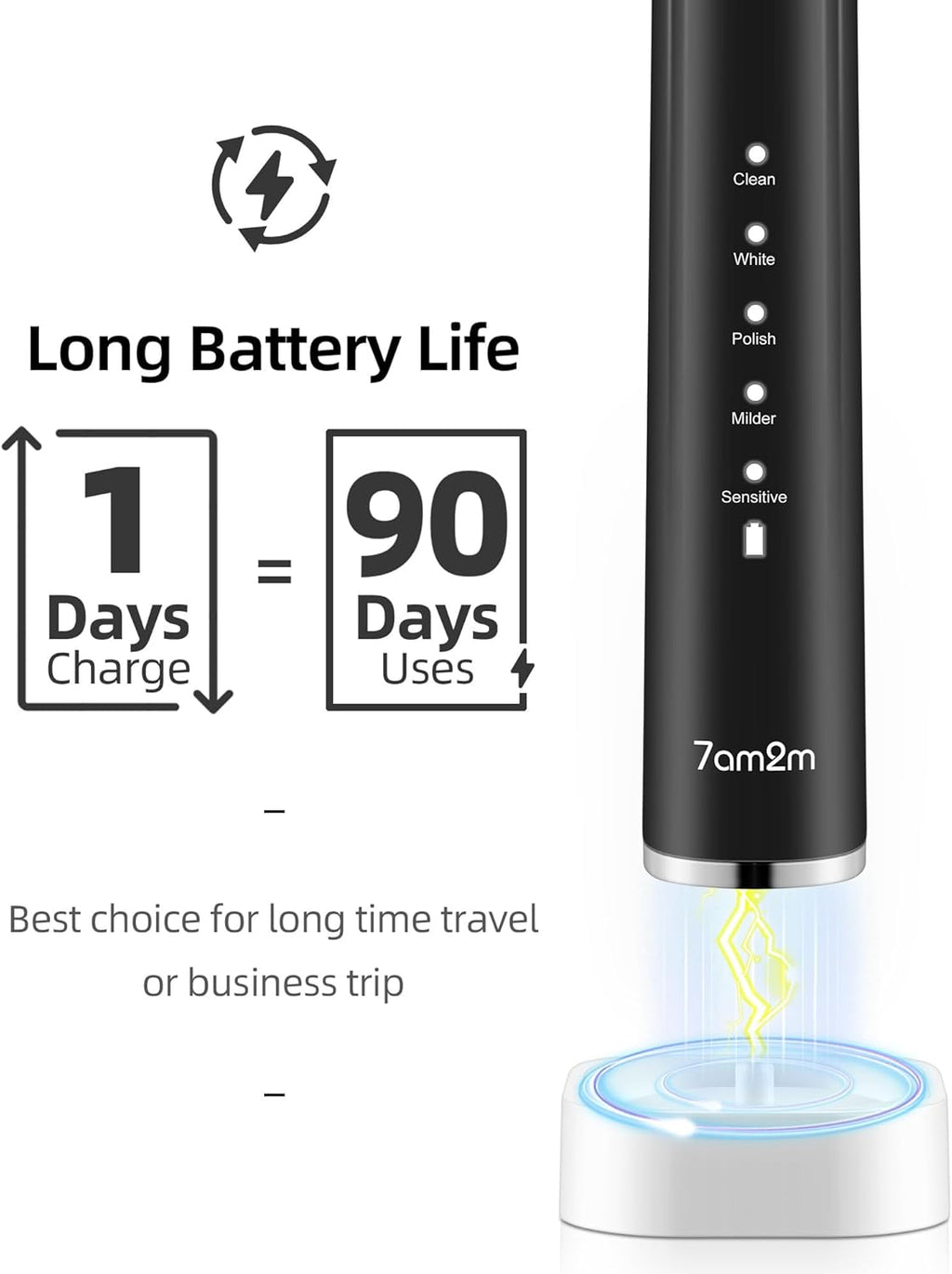 7AM2M Electric Toothbrush 2 Pack Set for Kids and Adults, 12 Brush Heads,5 Adjustable Modes, Built-in 2-Minute Smart Timer,Wireless Fast Charge for 60 Days,IPX7 Waterproof SonicToothbrush(Black+Pink)