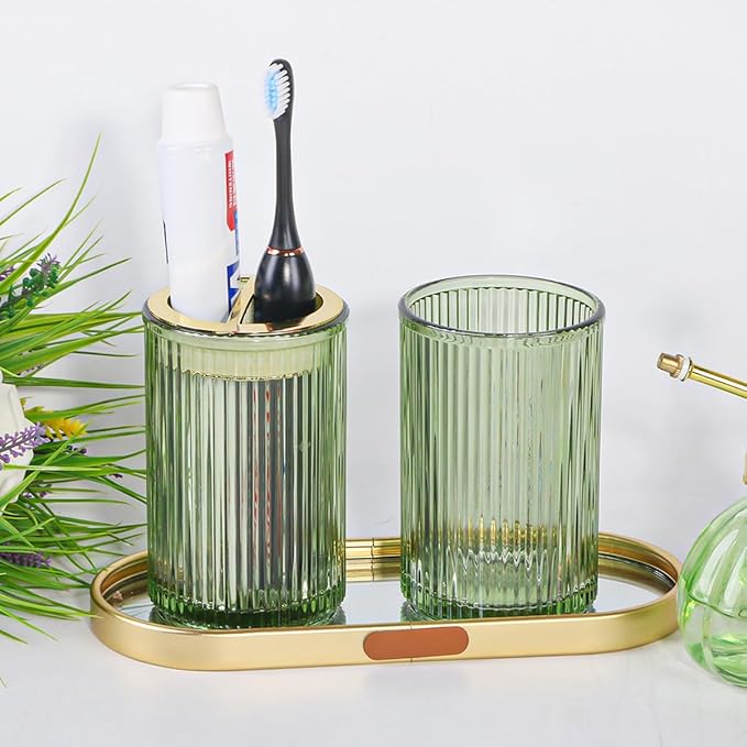 Toothbrush Holders for Bathrooms, 2pcs Glass Toothbrush Holder, 12oz Bathroom Tumbler and Mouthwash Cup, Tooth Brush and Toothpaste Organizer for Bathroom Vanity Countertop (Green Gold)