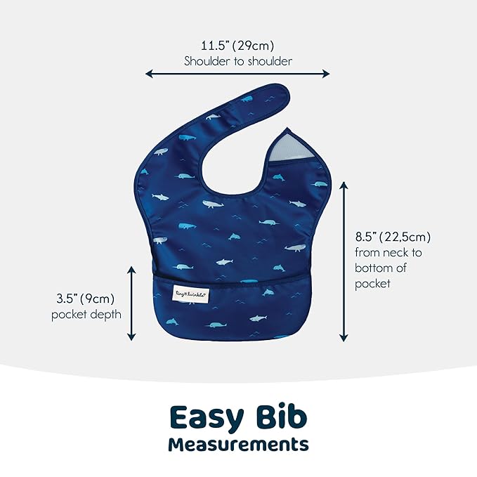 Tiny Twinkle Mess-Proof Baby Bibs for Eating | Waterproof, Wipeable Toddler Bibs with Catch-All Pocket | Feeding Bibs for Girls & Boys(3 Pack,Sea, Dino)
