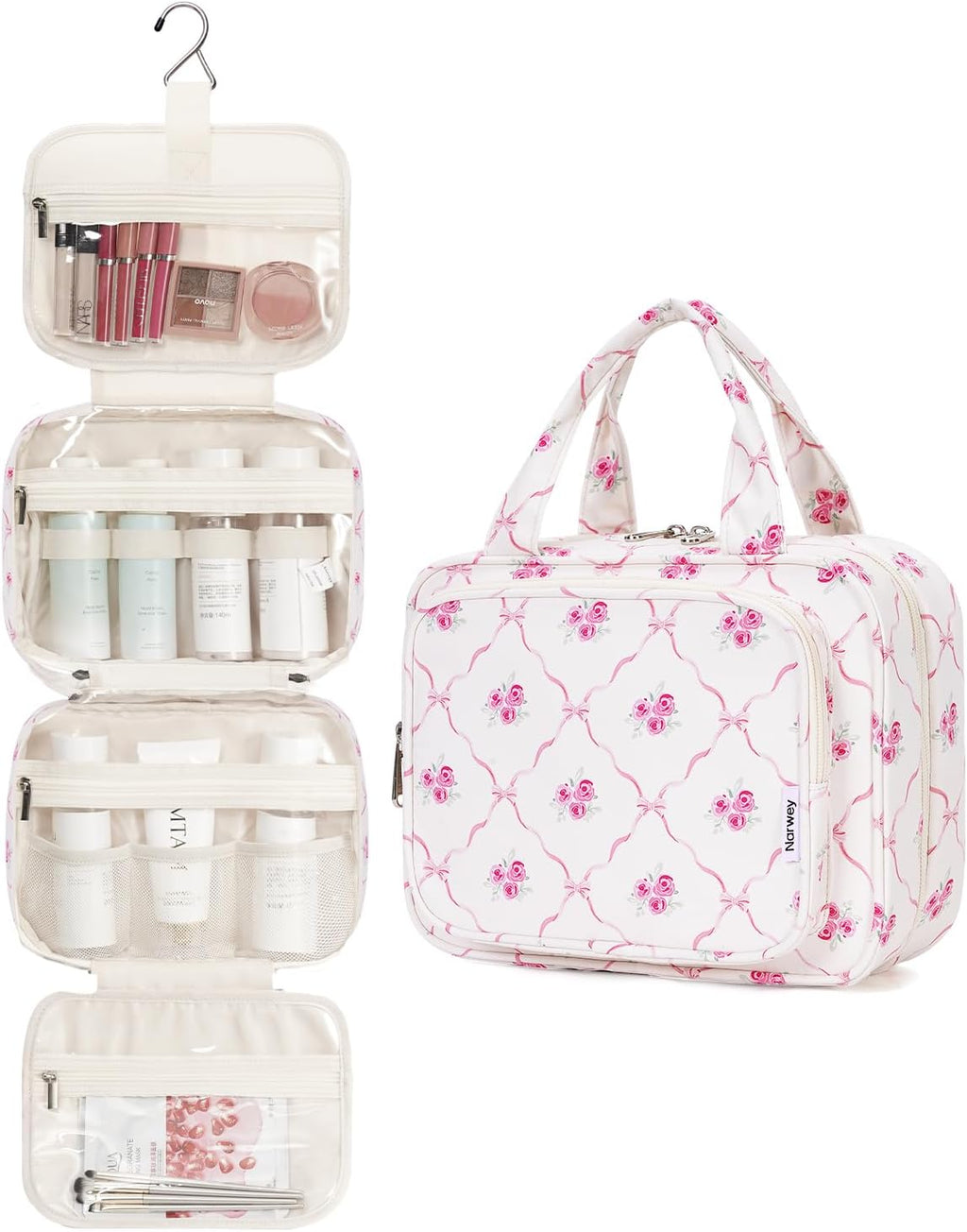 Narwey Hanging Toiletry Bag for Women Travel Makeup Bag Organizer Toiletries Bag for Travel Size Essentials Accessories Cosmetics (Bowknot and Flower (Medium))