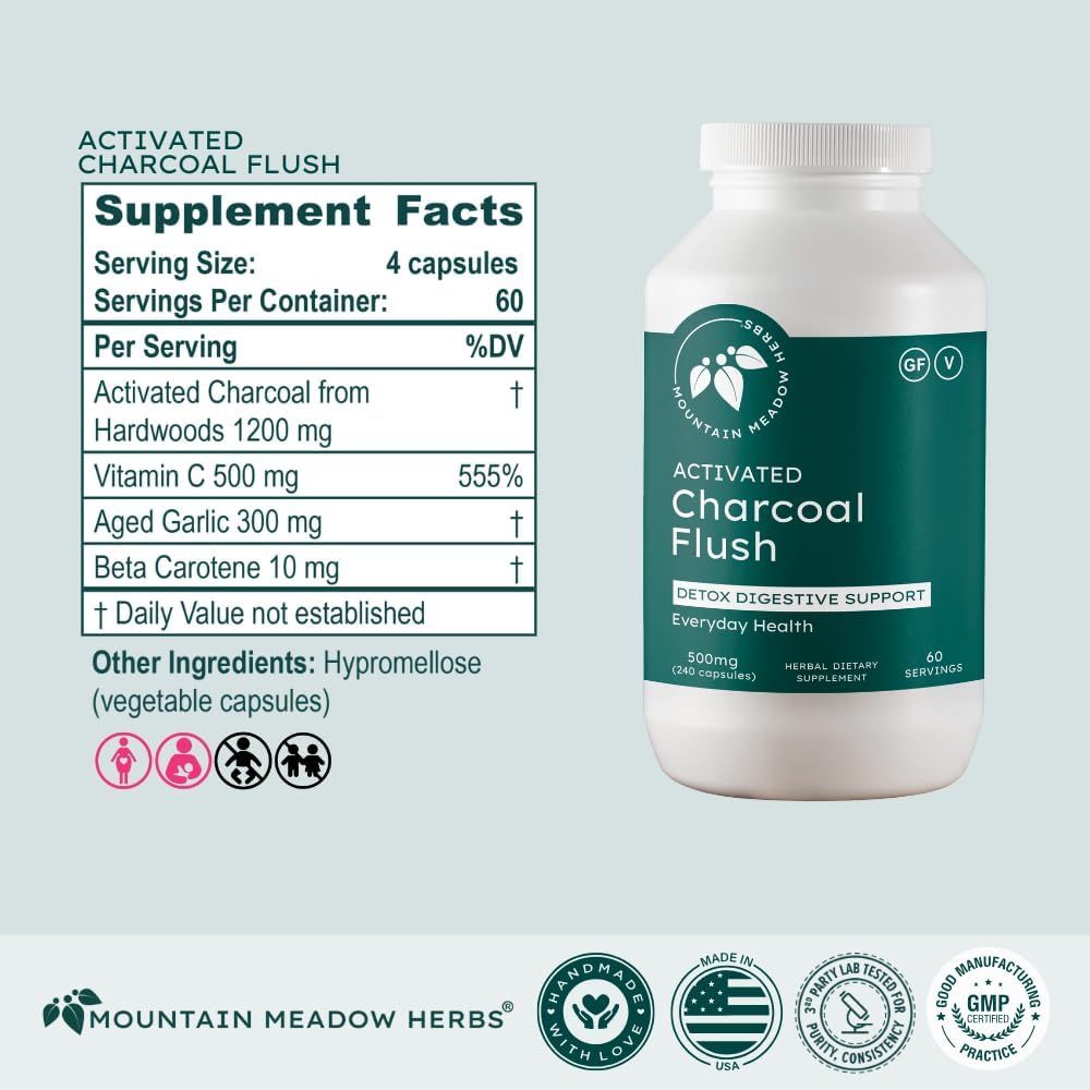 Mountain Meadow Herbs Activated Charcoal Flush – Natural Detox Cleanse Supplement for Digestion, Gas Relief, and Bloating Support – Activated Charcoal Capsules for Internal Cleansing 240ct