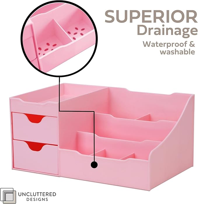 Uncluttered Designs Makeup Organizer With Drawers - Cute Kawaii Countertop Storage for Cosmetics, Pretty Vanity Holder for Perfume, Skincare, Brush, Lipstick, Nail Polish and other Accessories (Pink)