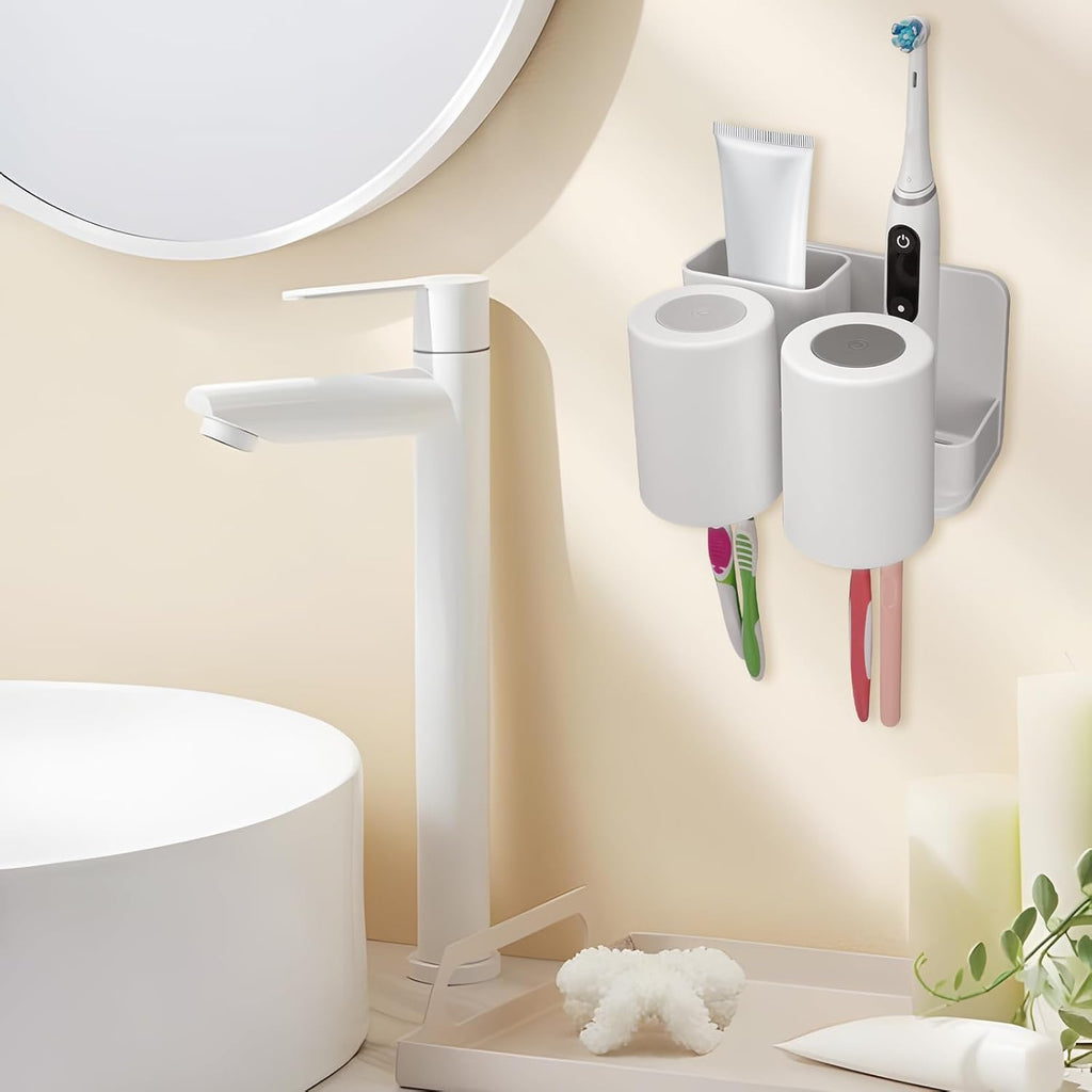Toothbrush Holders with 2 Mouthwash Cup Wall Mounted for Bathrooms, 2 Slots Bathroom Organizer for Toothpaste, Electric Toothbrush, Razor, Floss, Self Adhesive Toothbrush Hanger Storage for Shower