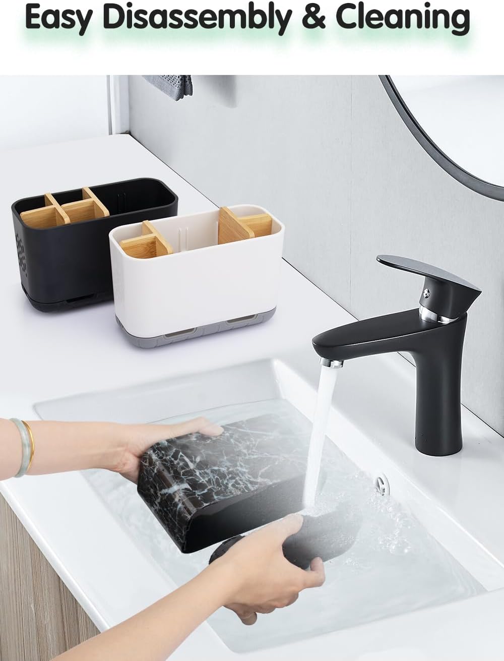 Marble Toothbrush Holders, 5 Slots Bamboo Toothbrush and Toothpaste Holder for Bathroom Counter with Drainage, Kids Electric Toothbrush Organizer, Black Toothbrush Holders for Bathrooms