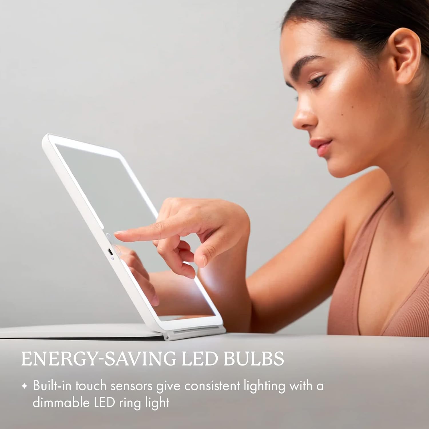 Vanity Planet Handheld Makeup Mirror with Lights, Pose 2.0 (Grey) - Light Up Travel LED Mirror with 3X & 5X Magnification - Dimmable Lighting & Micro-USB Rechargeable Lighted Compact Mirror