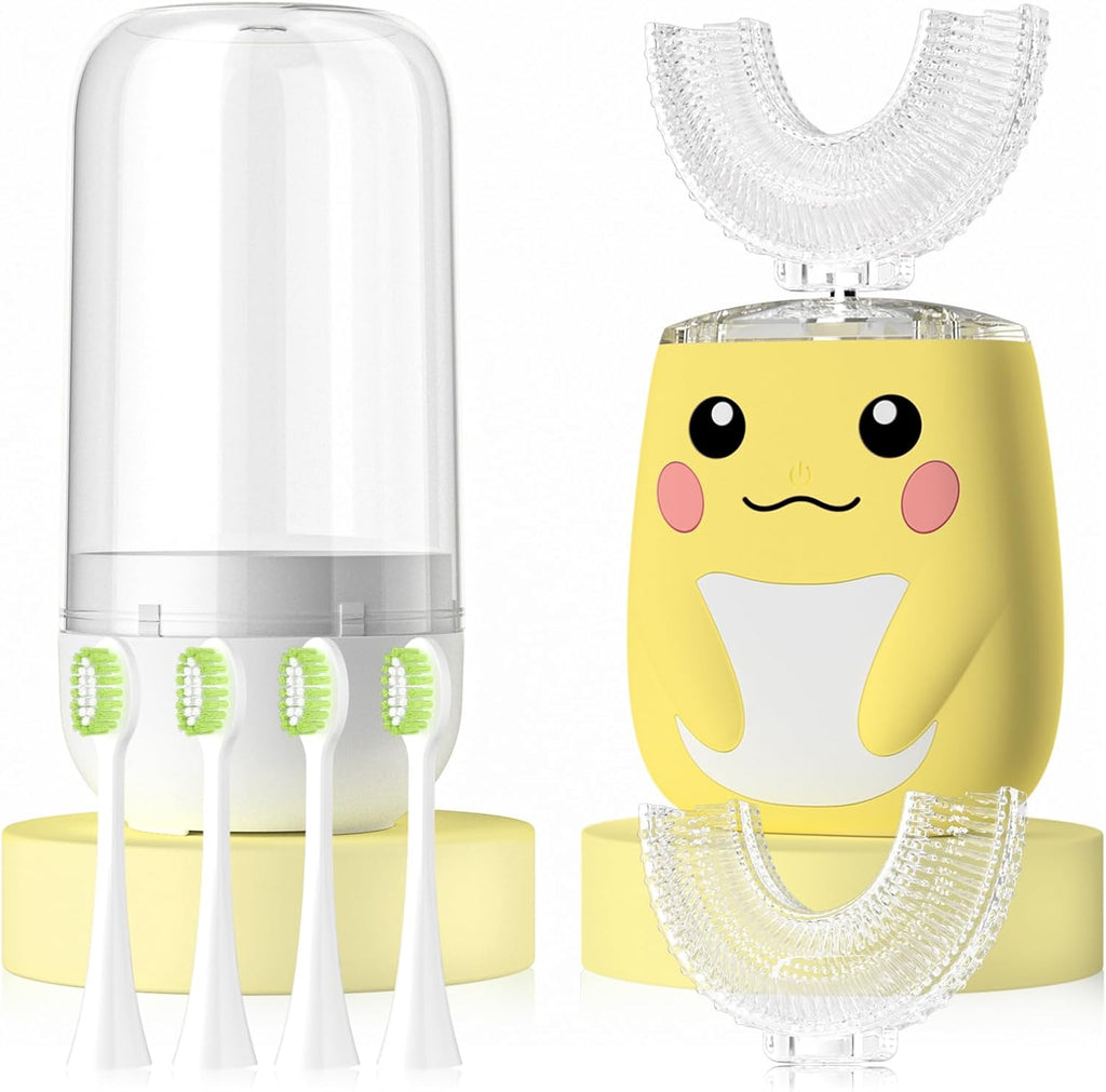 Kids Electric U Shaped Toothbrush Children Rechargeable Sonic Toothbrush with 6 Soft Brush Head Automatic Full Mouth 6 Cleaning Modes -Age8-15 Yellow