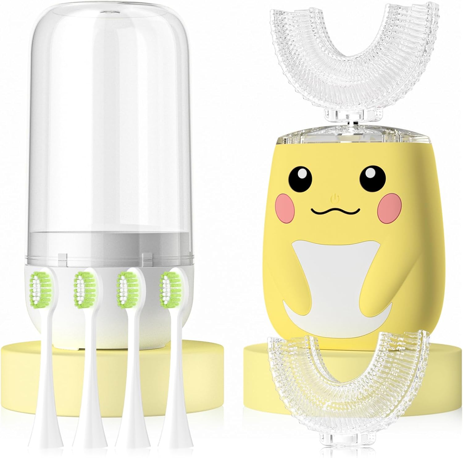 Kids Electric U Shaped Toothbrush Children Rechargeable Sonic Toothbrush with 6 Soft Brush Head Automatic Full Mouth 6 Cleaning Modes -Age8-15 Yellow