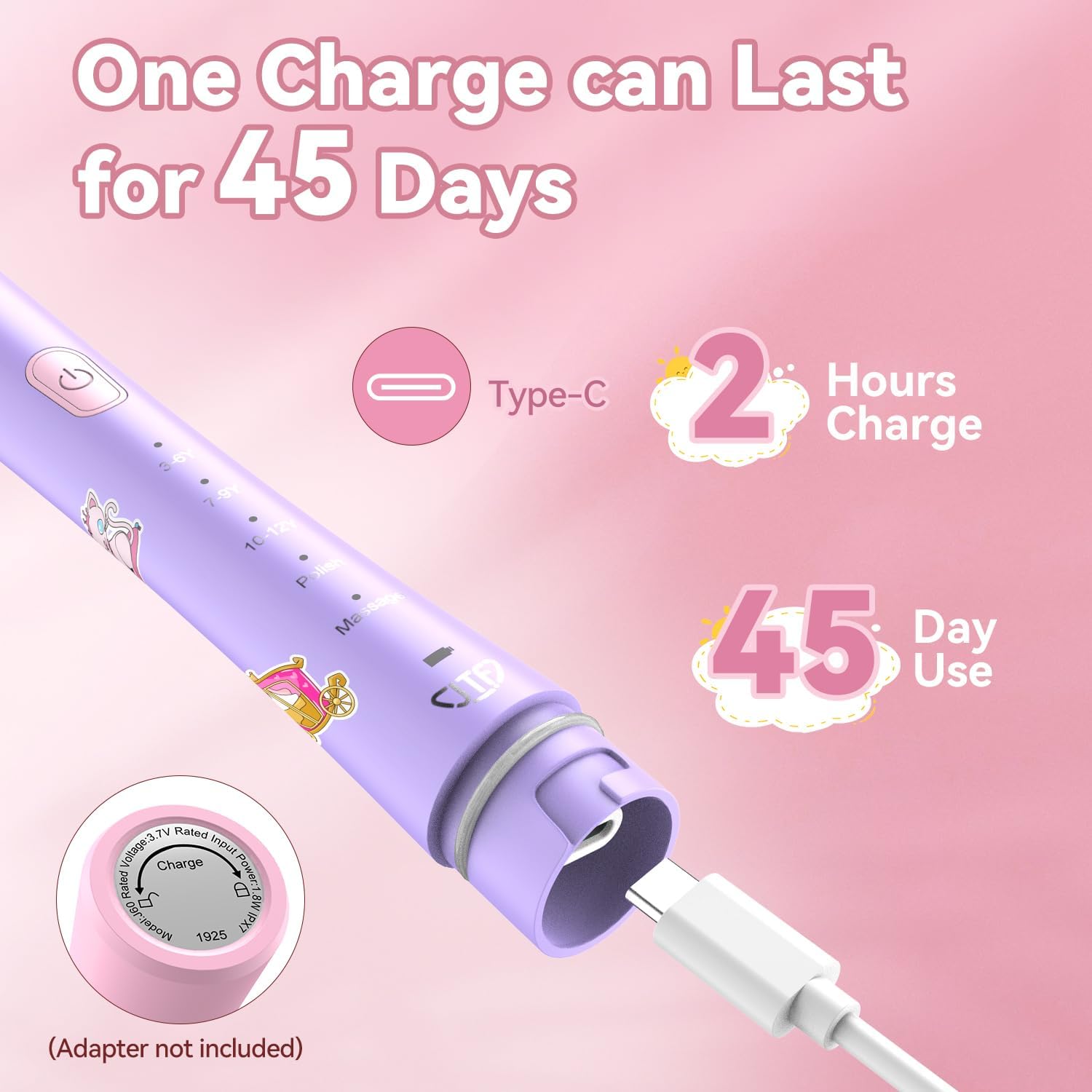JTF Kids Electric Toothbrush Rechargeable: Sonic Tooth Brush with Smart Timer 5 Brushing Modes 4 Soft Brush Heads IPX7 Waterproof and DIY Sticker, Portable Pink Children Toothbrushes for Girl, Ages 3+