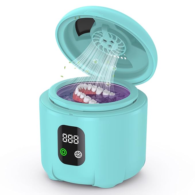 2025 Ultrasonic Retainer Cleaner- 45KHz 25W Portable Denture Cleaner with Drying Function and Removable Inner for Dentures, Mouth Guards, Aligners, Jewelry and More (Blue)