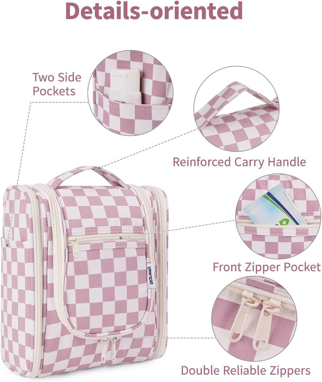 Narwey Small Checkered Hanging Travel Toiletry Bag for Women, Travel Bag for Toiletries, Makeup Bag Organizer Cosmetic Bags Make Up Bags for Women (Dusty Rose Checkerboard)