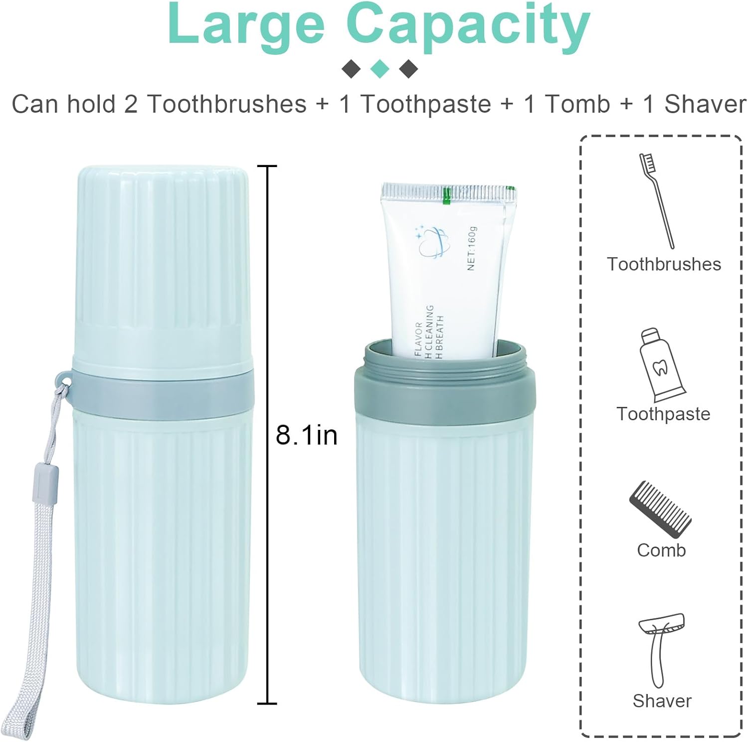 Mulbozy Travel Toothbrush Holder, Large Travel Toothbrush Cup Case, Portable Travel Toothbrush Toothpaste Makeup Storage for Business Trip Camping School - Blue