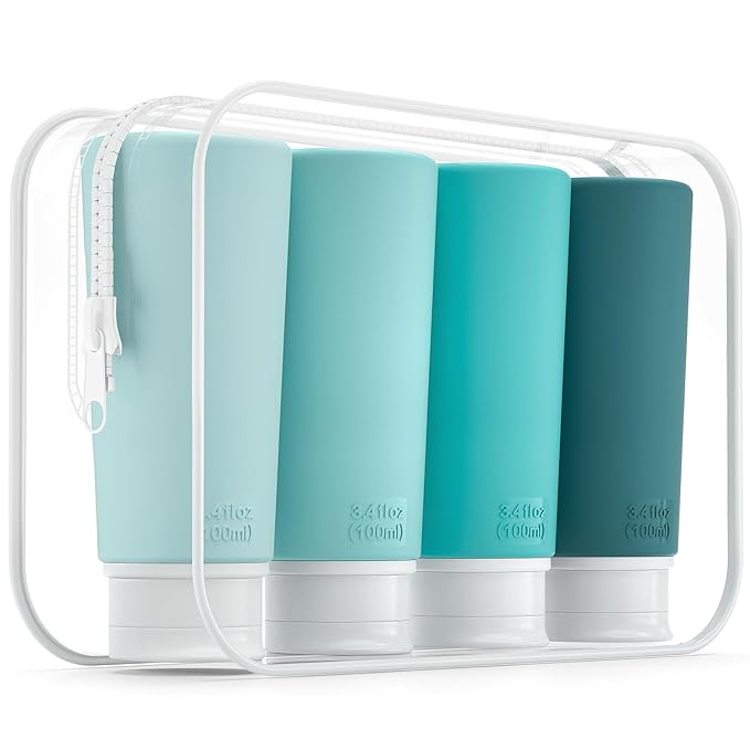 Valourgo TSA Approved Travel Bottles for Toiletries, 3.4oz Portable Leak Proof Tubes, BPA Free Refillable Accessories With Clear Toiletry Bag, Green