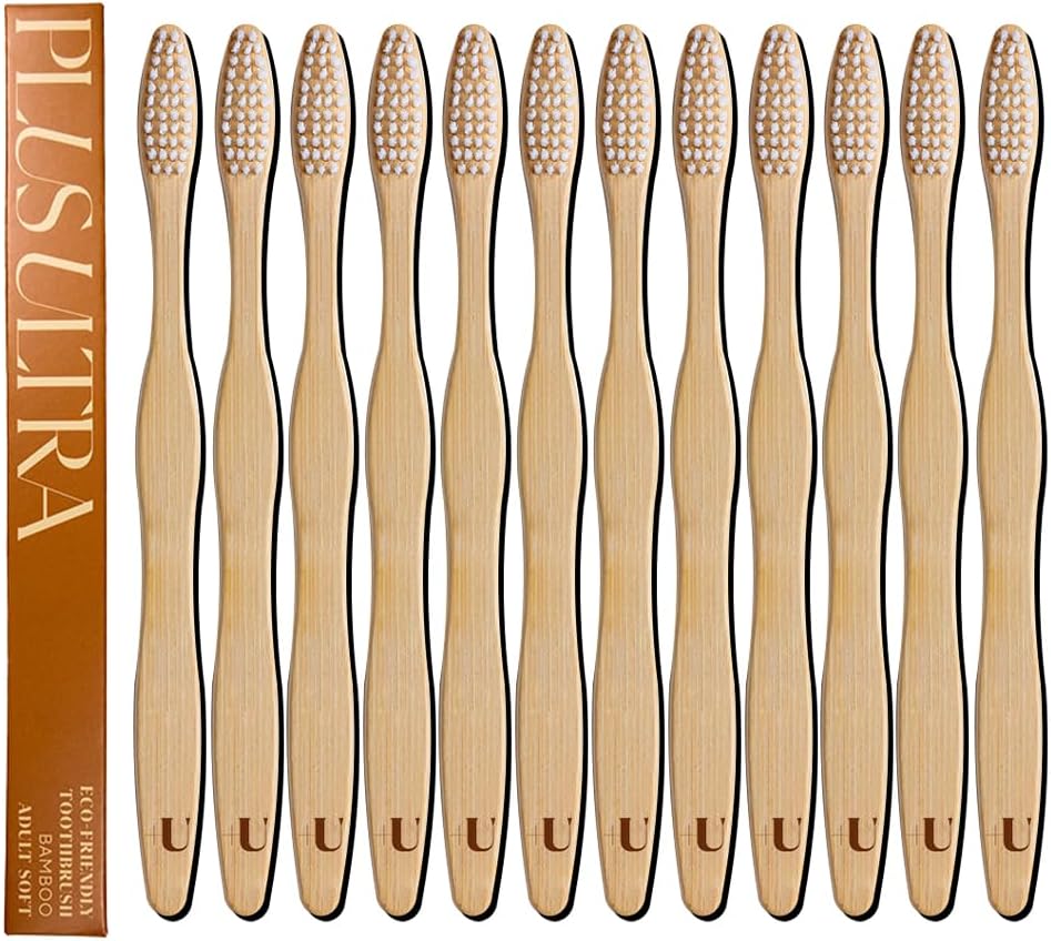 Biodegradable and Eco-Friendly Bamboo Toothbrush 12-Pack - BPA Free Soft Bristle - Dentist-Approved and All-Natural Toothbrush with Logo Etched on Handles by Plus Ultra