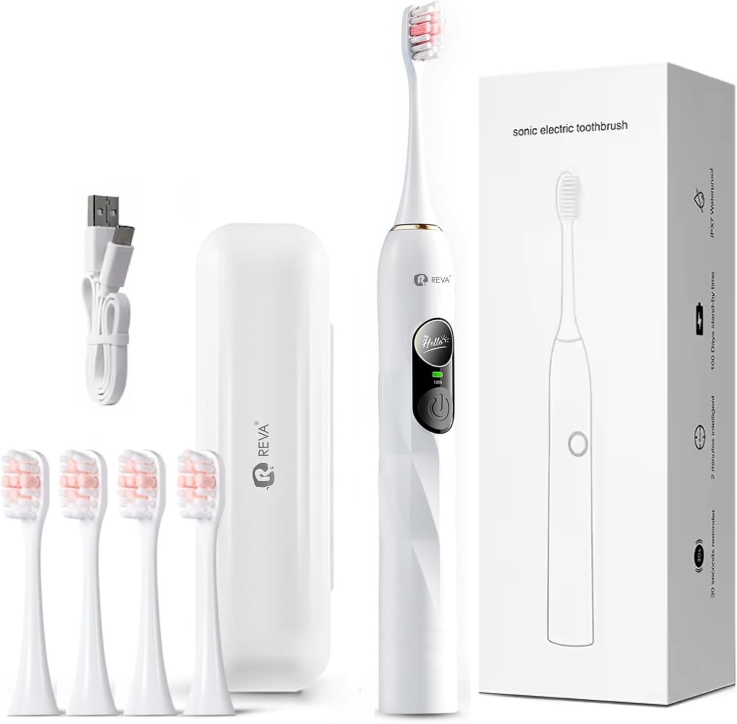 V3 Sonic Electric Toothbrush for Adults - Dual Display, 5 Cleaning Modes, Up to 200 Days Battery on a Single Charge, 4 Brush Heads & IPX7 Waterproof Design