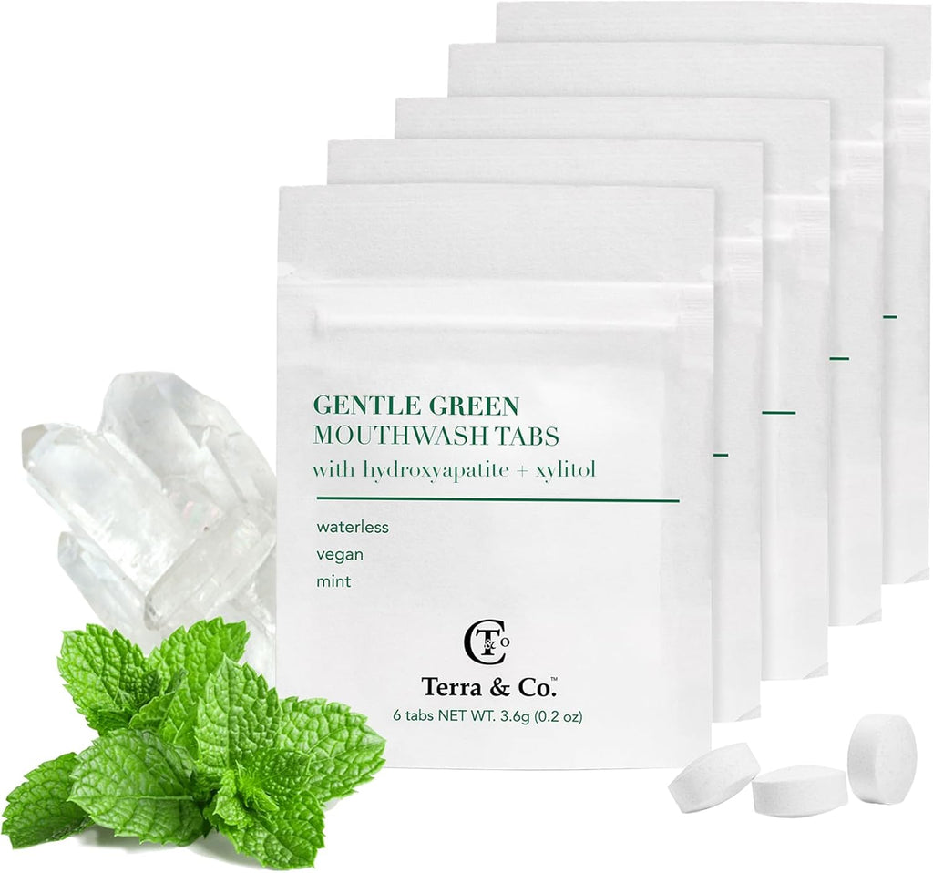 Terra & Co. Gentle Green Toothpaste Tablets – 5 Travel Sachets with 6 Fluoride-Free Tabs Each – Nano-Hydroxyapatite Mouthwash for Oral Health – TSA-Compliant, Plastic-Free, Mint Flavor, Eco-Friendly
