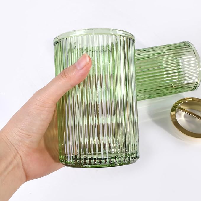 Toothbrush Holders for Bathrooms, 2pcs Glass Toothbrush Holder, 12oz Bathroom Tumbler and Mouthwash Cup, Tooth Brush and Toothpaste Organizer for Bathroom Vanity Countertop (Green Gold)