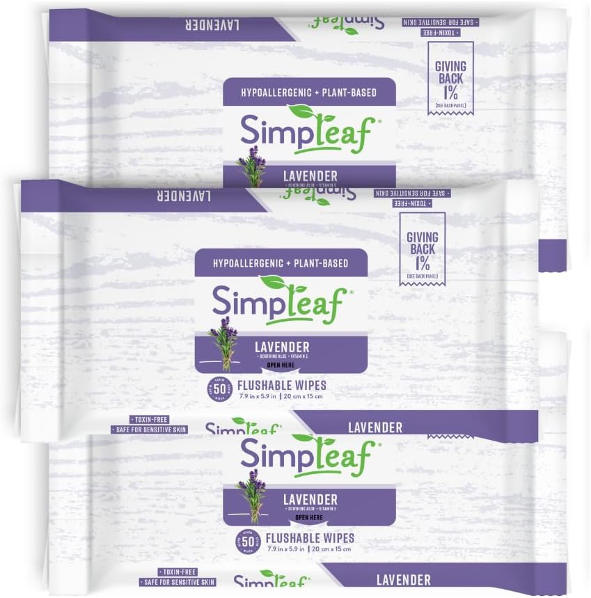 Simpleaf Flushable Wet Wipes Lavender | Plastic Free, Paraben & Alcohol Free | Hypoallergenic & Safe for Sensitive Skin | Soothing Aloe Formula | Adult Toilet Wipes (3 x 50 Counts Pack) 150 Counts