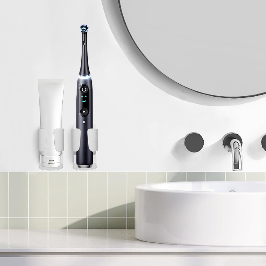 Electric Toothbrush Holder Wall Mount, 304 Stainless Steel Self-Adhesive Bathroom Organizer for Electric Toothbrush, Toothpaste & Face Wash-Space Saving, Waterproof, Holds Up to 10lbs (White 2 Pack)