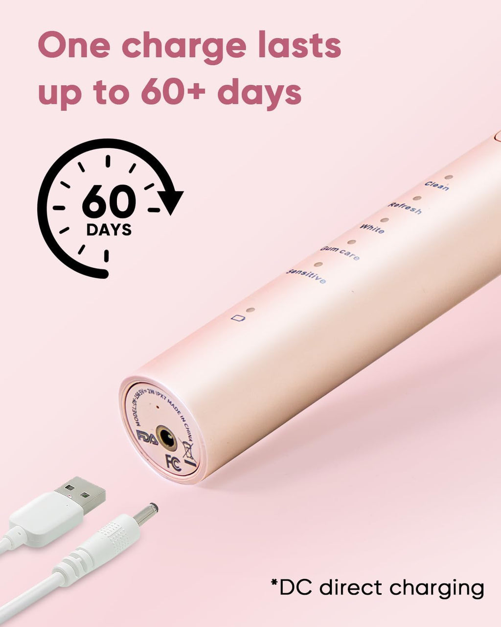 MySmile DY156 Electric Toothbrush for Adults, Rechargeable Sonic Battery Toothbrush Portable with 3 Brush Heads, 2 Mins 5 Modes Smart Timer, 45000VPM, One Charge for 60 Days - Pink