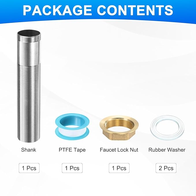 uxcell Faucet Mount Extension Shank 6"x 1.25" Stainless Steel Pipe Faucet Extension Nipple Locknut Kit Extension Threaded Lengthen Fixed High Foot with Raised Nut and Gasket Fittings