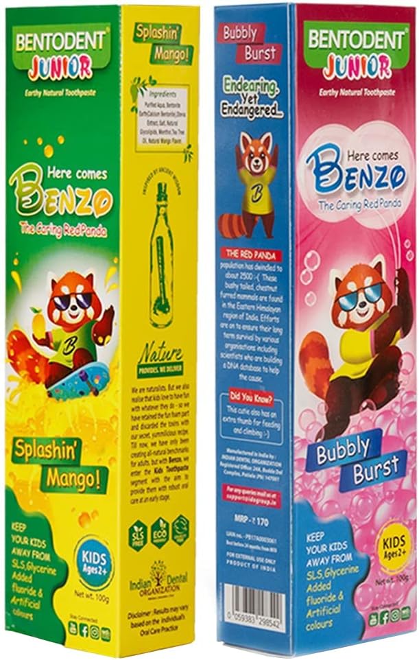 Bentodent Kids Toothpaste - All Natural Kids Toothpaste - Made Safe Certified Kids Toothpaste- No SLS,Veg, Fluoride Free Toothpaste Kids 2+ Age - Fresh Breath, Complete Care(Mango & Bubble Pack)