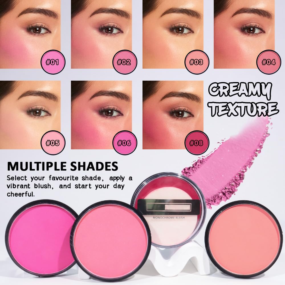 Natural Single Matte for Face Cheeks Blush with Makeup Powder Puff, Rose Pink Monochrome Blush Cream Powder Makeup Palette Blushes Long-lasting Color Blendable Foundation for Women Every Day 01
