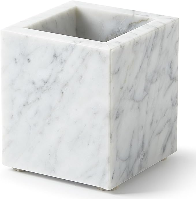 Real Natural Marble Toothbrush Holder & Pen Holder & Makeup Brush Holder, Genuine Stone Rectangular Bathroom Tumbler Cup, Durable Office & Home Countertop Organizer