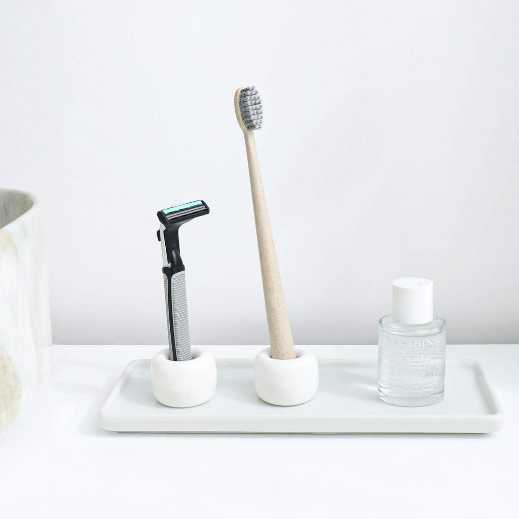 Mini Ceramics Toothbrush Holder Stand for Bathroom Vanity Countertop, Handmade Couple Toothbrush Head Holder, Shaver Holder and Office Pen Holder, 2-Piece Set White