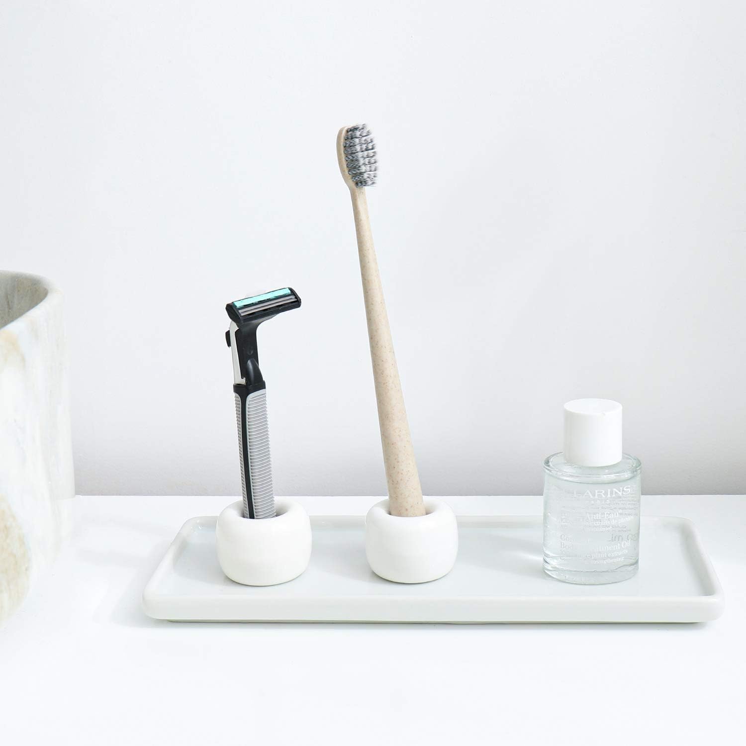 Mini Ceramics Toothbrush Holder Stand for Bathroom Vanity Countertop, Handmade Couple Toothbrush Head Holder, Shaver Holder and Office Pen Holder, 2-Piece Set White