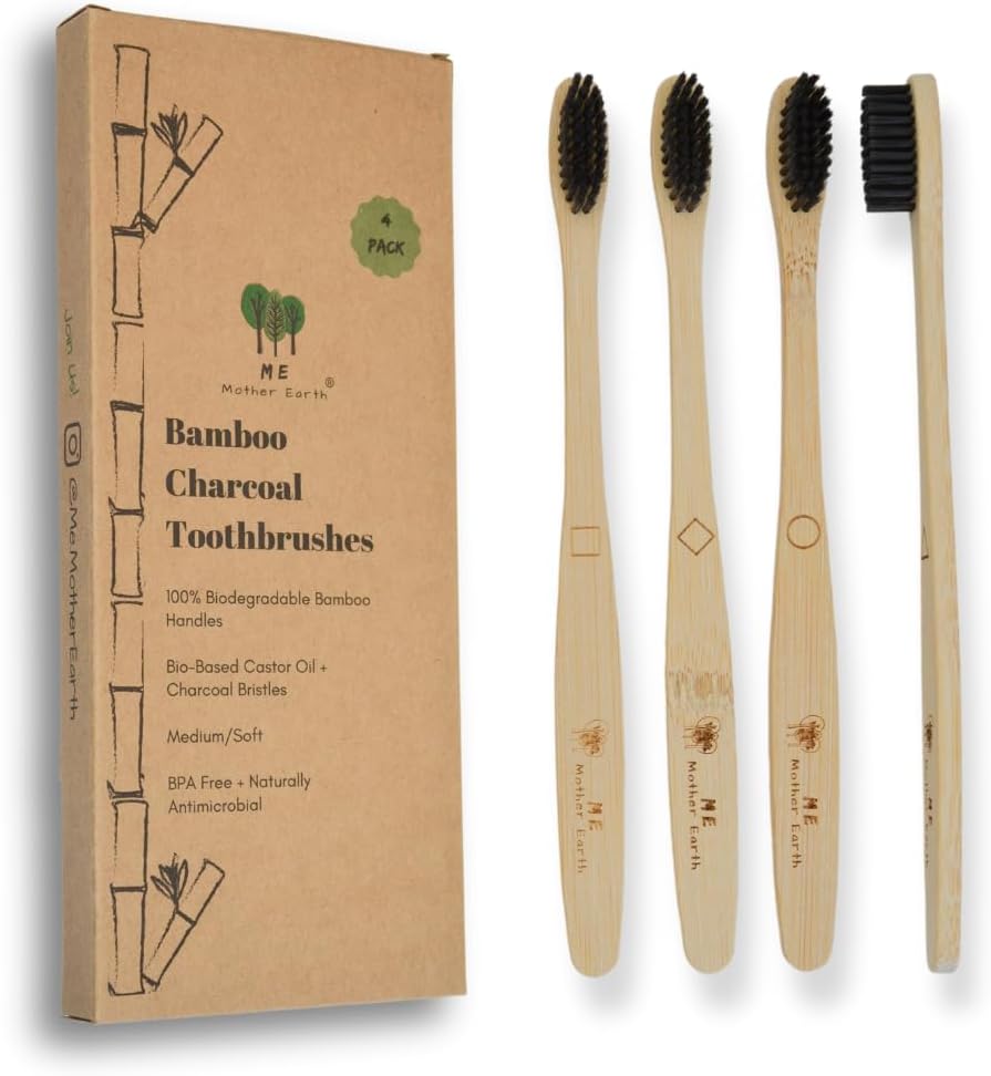 ME MOTHER EARTH Bamboo Charcoal Toothbrush Pack, Medium Soft Bristle Brush, Charcoal Infused Bristles, Biodegradable & Eco Friendly, Sustainable Bamboo (Pack of 4)