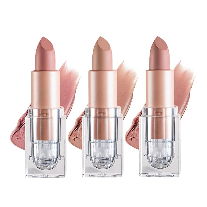 3PCS Matte Nude Lipstick Set Velvet Lip Gloss Non-Fading Non-Sticky Cup Nude Lipstick Matte Lip Stain Long Lasting Waterproof Lipstick for Women Girls Daily Lip Makeup - Set A