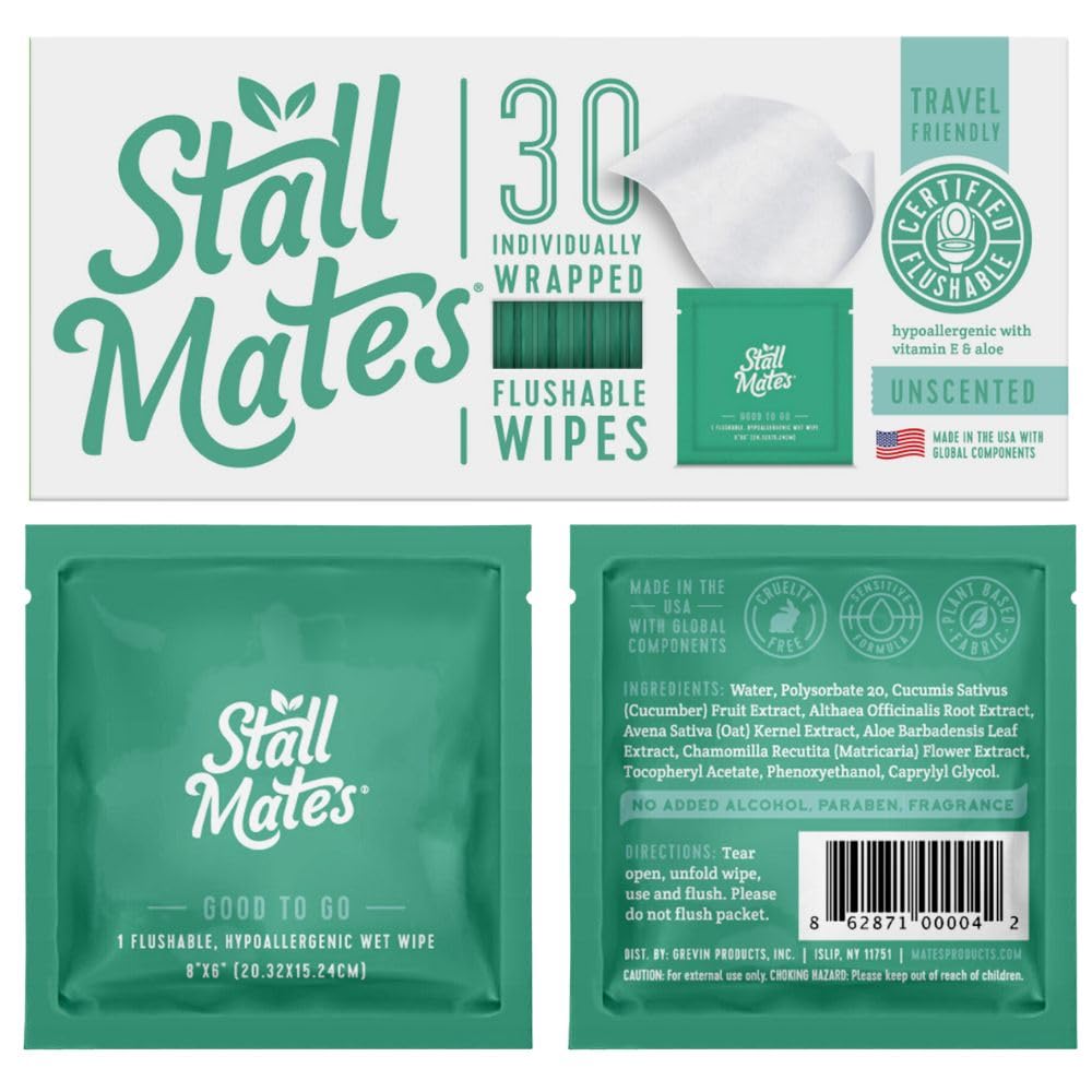 Stall Mates Wipes - Flushable Wipes | Individually Wrapped | Travel Friendly | Unscented with Vitamin-E & Aloe | (30 on-the-go singles)