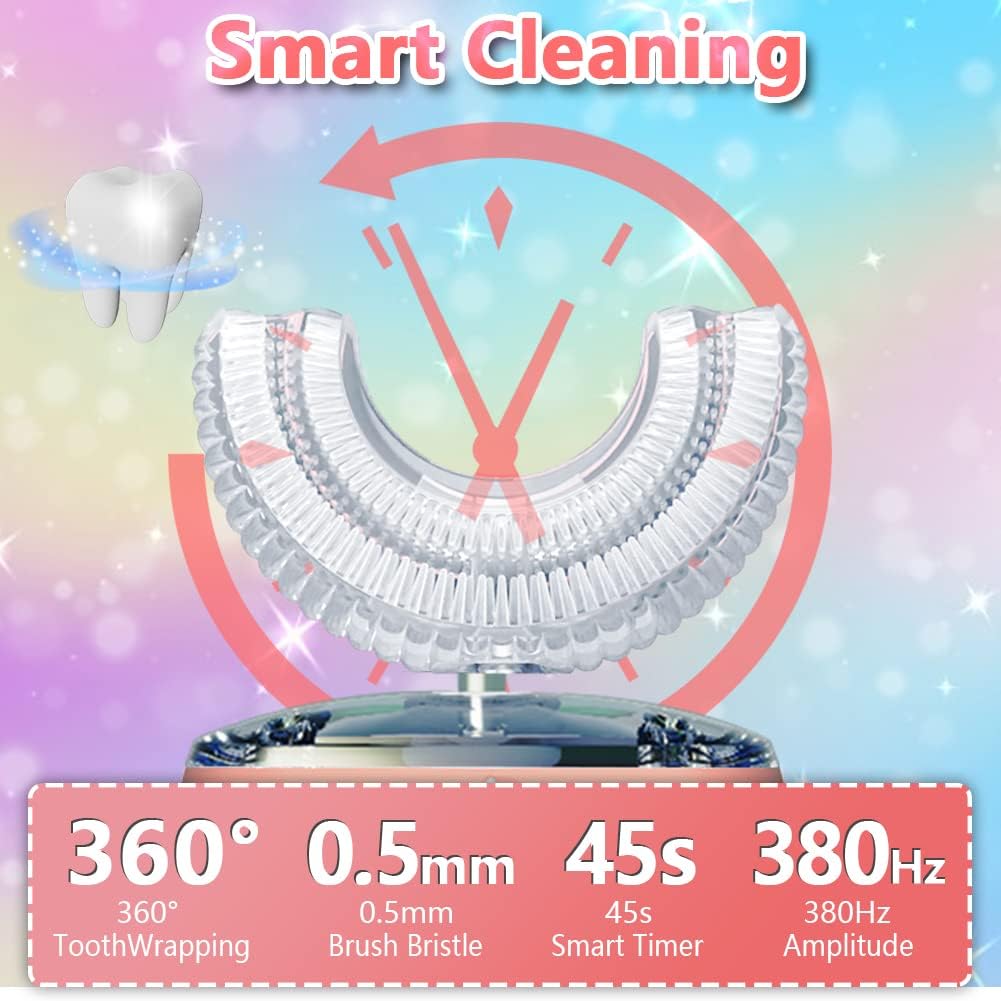 Kids Toothbrush Electric, U Shaped Ultrasonic Automatic Toothbrush with 2 Brush Heads, Six Cleaning Modes, Cartoon Modeling Design for Kids, Special for Birthday Gift (Pink, Kids 2-7)