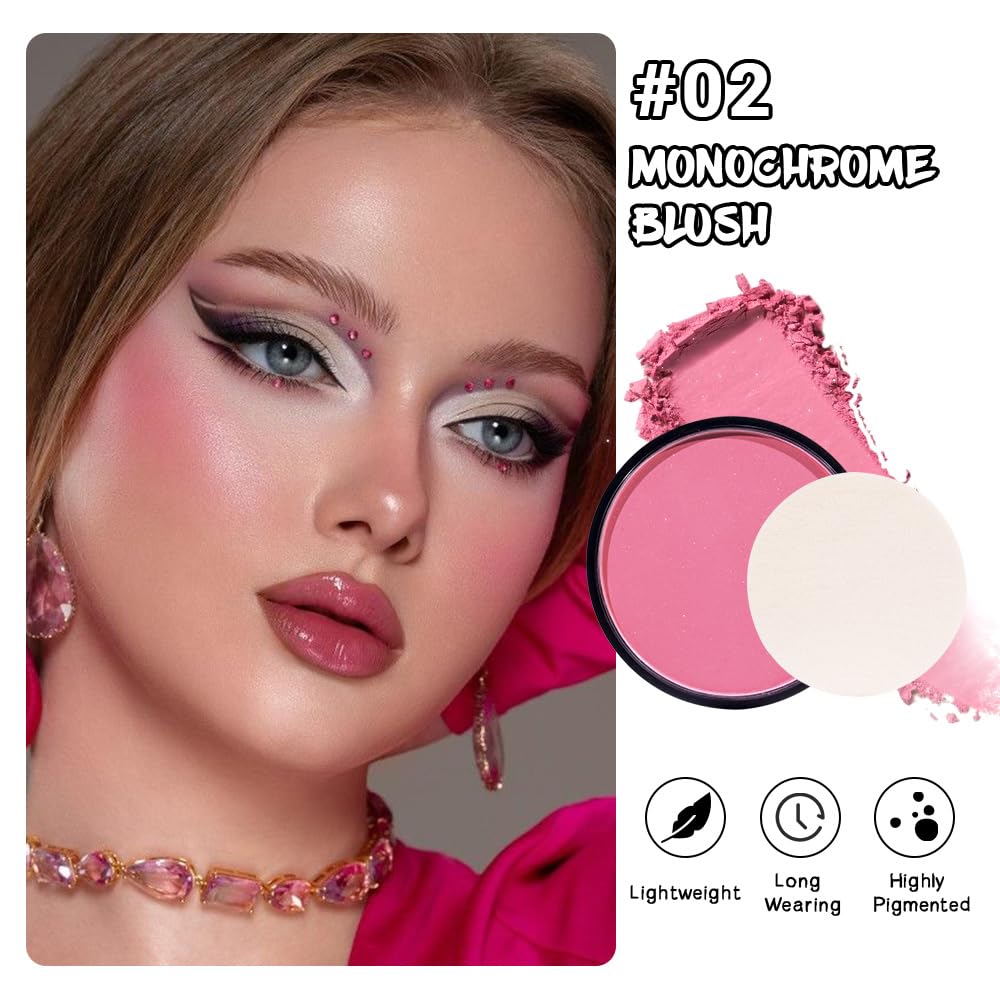 Natural Single Matte for Face Cheeks Blush with Makeup Powder Puff, Pink Red Monochrome Blush Cream Powder Makeup Palette Blushes Long-lasting Color Blendable Foundation for Women Every Day 02