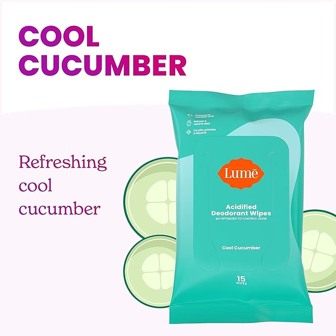 Lume Acidified Deodorant Wipes - 24 Hour Odor Control - Aluminum Free, Baking Soda Free, Skin Loving - 45 Count (Pack of 3) (Cool Cucumber)