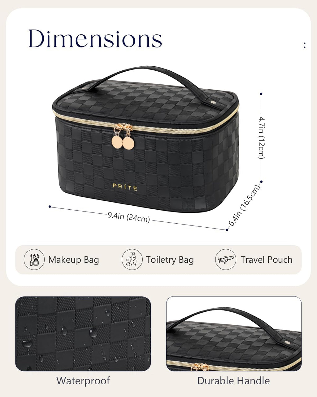 Prite Makeup Bag Portable Cosmetic Organizer with Brush Holder Waterproof Travel Toiletry Bag for Women with Handle and Divider (Checkered Black)