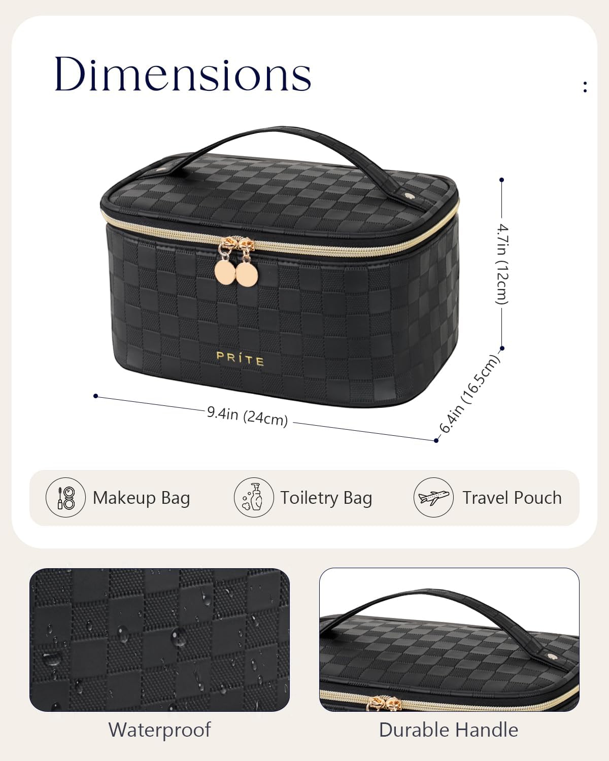 Prite Makeup Bag Portable Cosmetic Organizer with Brush Holder Waterproof Travel Toiletry Bag for Women with Handle and Divider (Checkered Black)