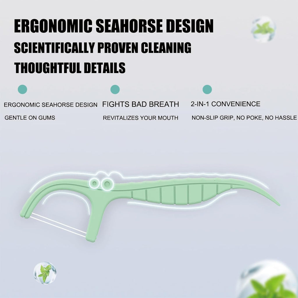 Mint Twin Line Dental Floss Picks - 400 Count (2 Packs of 200) | Minty Fresh Floss Sticks for Adults | Unique Seahorse Design | Individually Wrapped for Hygiene & Convenience