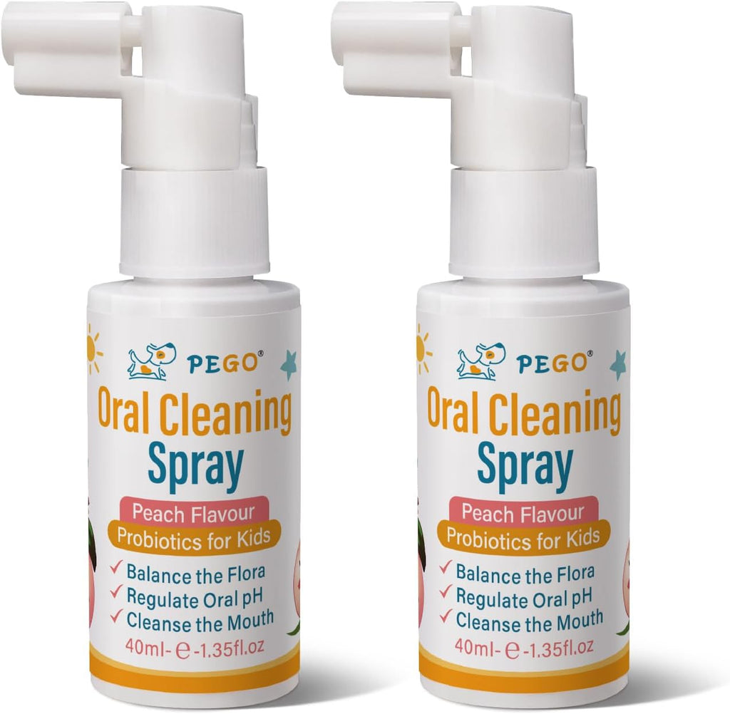 PEGO Kids Oral Spray, Toddler Toothpaste Helper for Fresh Breath，Kid's Mouth Spray with Fluoride Free for Newborn to 12 Years (2Pack, Peach)