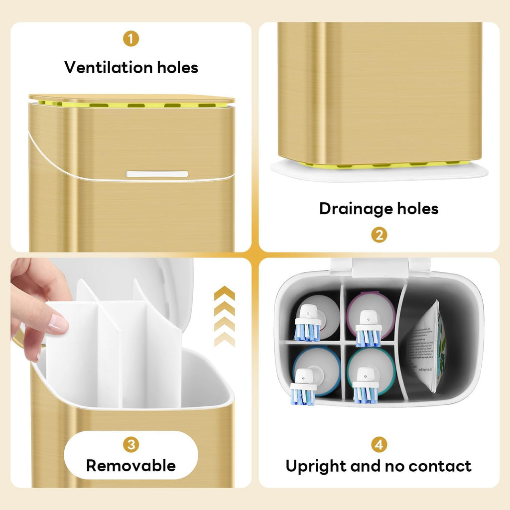 Toothbrush Holders with Cover - Electric Toothbrush Length Less Than 9 inches, 5 Slots Tooth Brush Holder for Bathroom, Detachable Toothpaste Holder Bathroom Organizers with Drainage, Gold