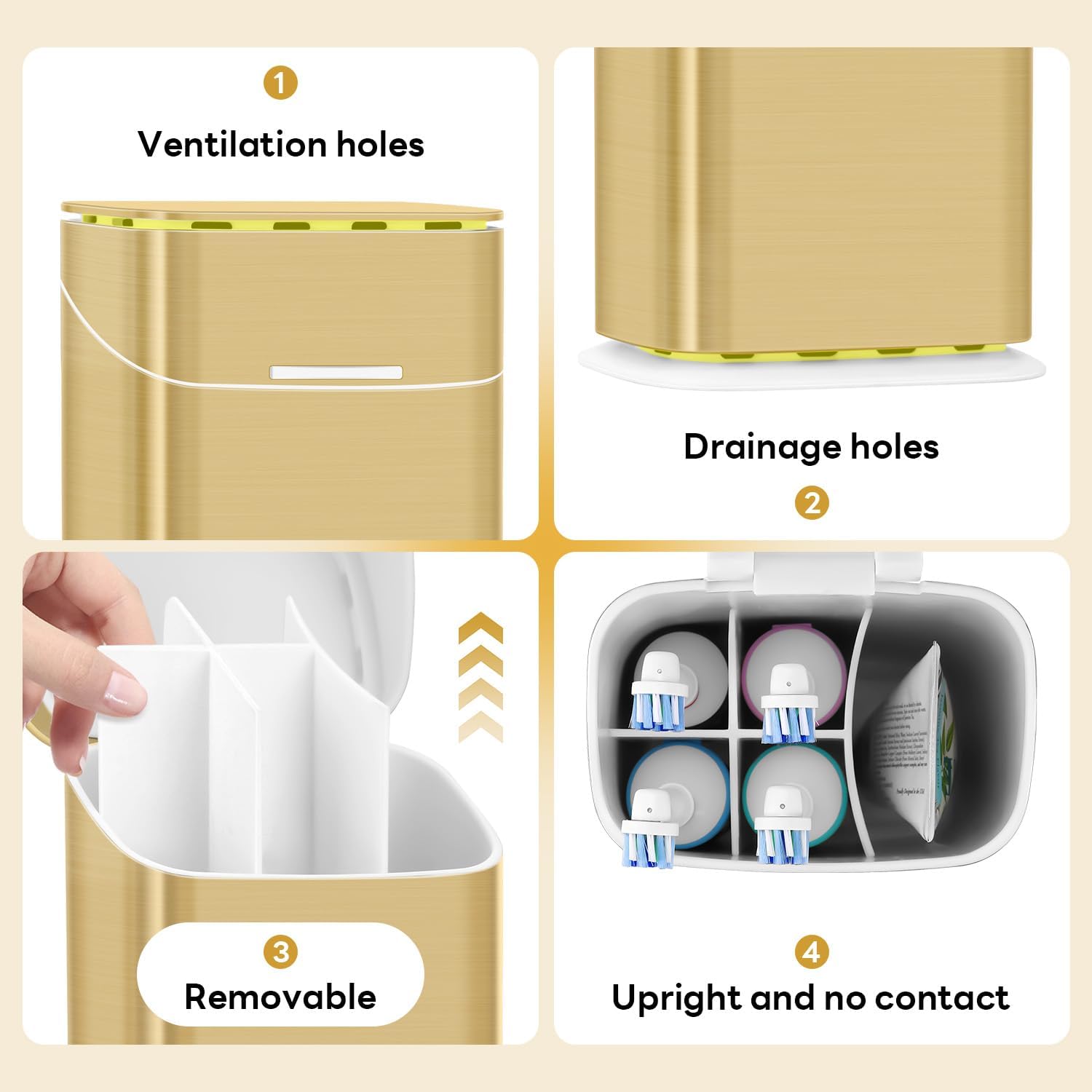 Toothbrush Holders with Cover - Electric Toothbrush Length Less Than 9 inches, 5 Slots Tooth Brush Holder for Bathroom, Detachable Toothpaste Holder Bathroom Organizers with Drainage, Gold