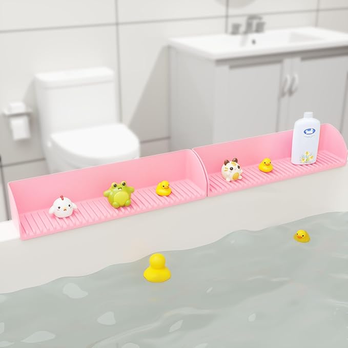 2Pack Bath Tub Splash Guard for Kids - Silicone Tub Water Splash Guard with 4 Suction Cups, Bath Toy Tray Holder, Tub Shelf for Kids, Bathroom Accessories for Children, Toddler & Baby Bath, Pink