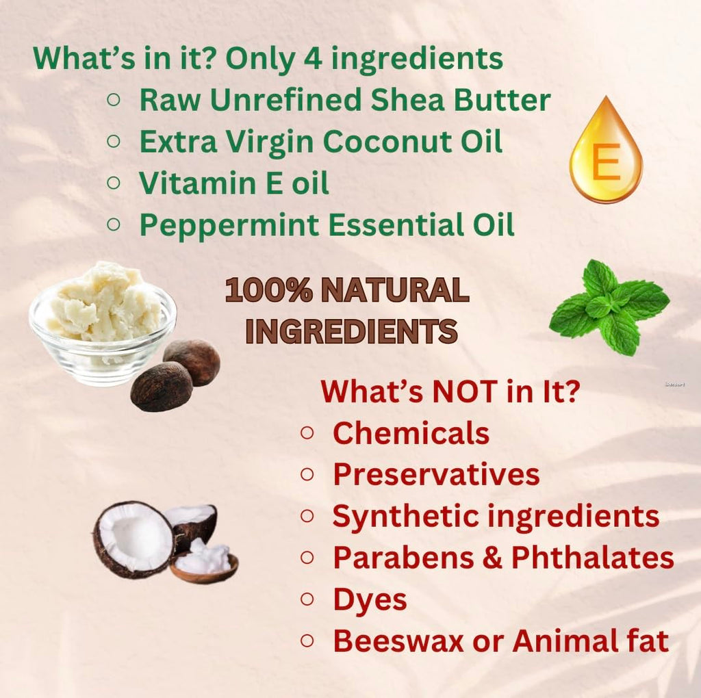 Shea Lip Butter - All Natural 4 Ingredient Lip Balm - for dry cracked lips, travel sized, ultra moisturizing vegan lip balm, for long lasting hydration, natural Peppermint scent