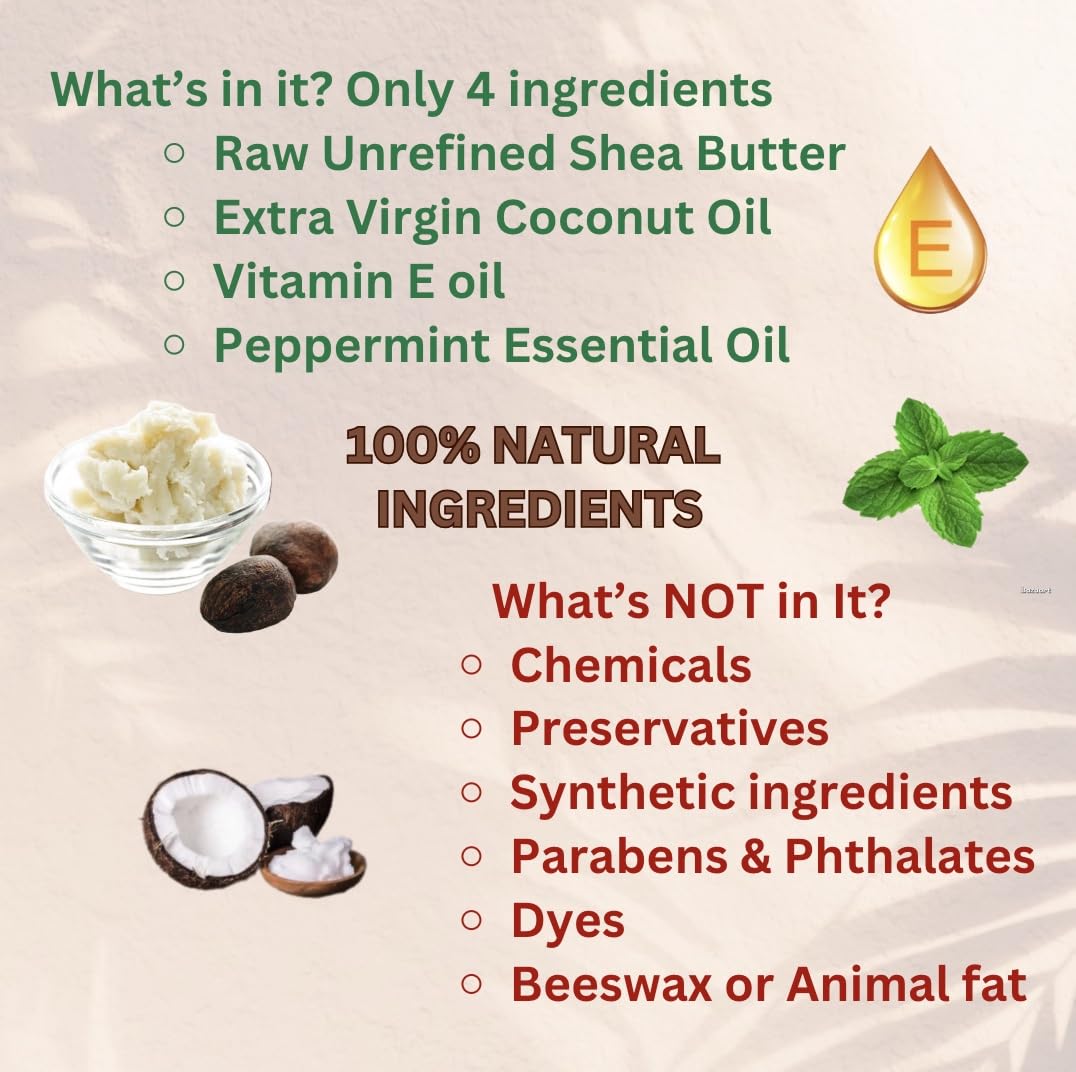 Shea Lip Butter - All Natural 4 Ingredient Lip Balm - Pack of 3 - for dry cracked lips, travel sized, ultra moisturizing vegan lip balm, for long lasting hydration, natural Peppermint scent