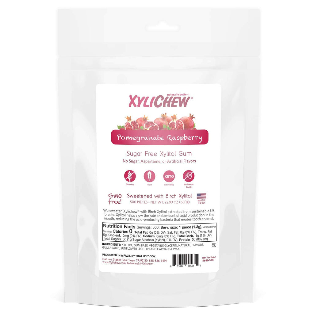 Xylichew 100% Xylitol Chewing Gum - Non GMO, Non Aspartame, Gluten Free, and Sugar Free Gum - Natural Oral Care, Relieves Bad Breath and Dry Mouth - Pomegranate Raspberry, 500 Count