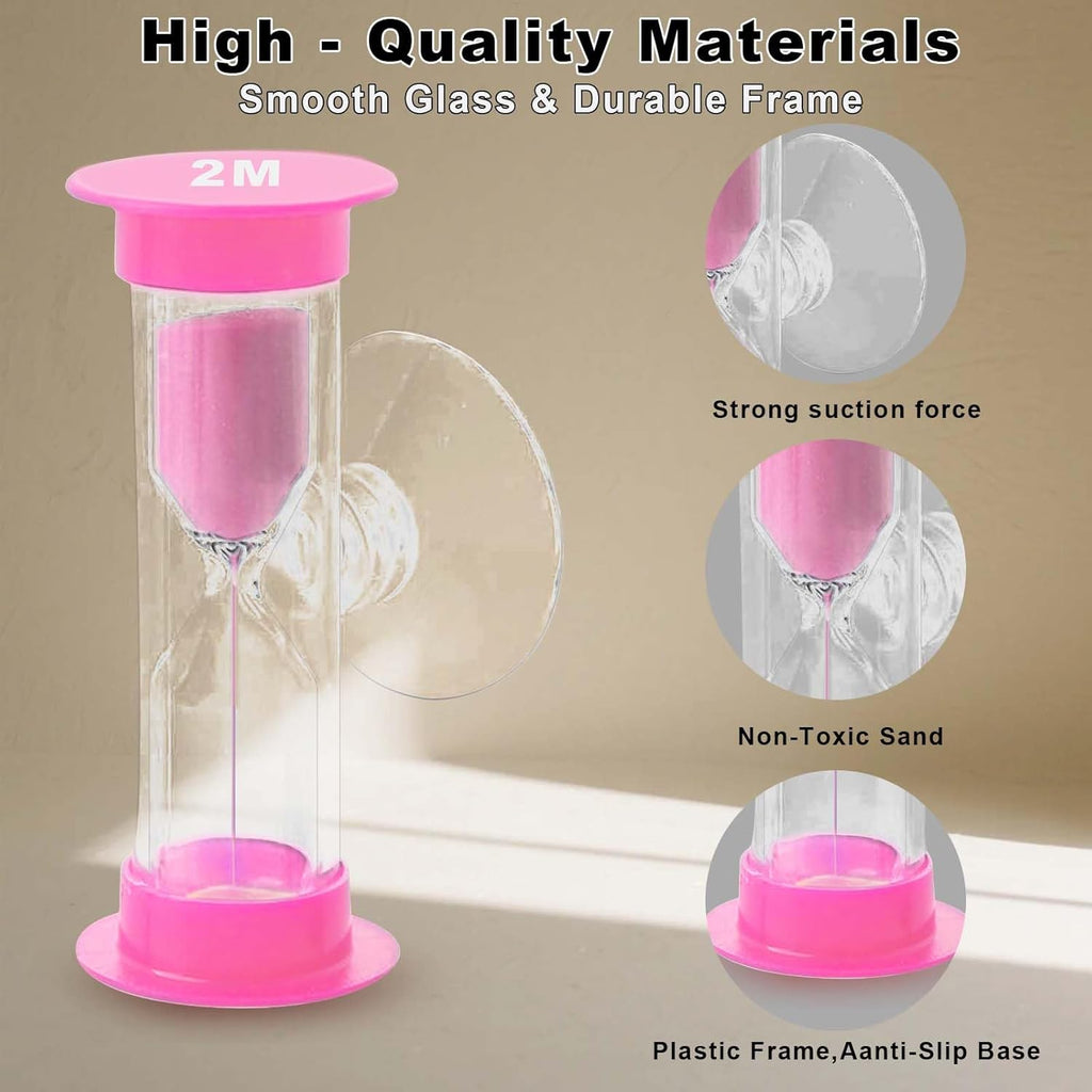 2 Minute Sand Timer with Sauction Cup, Small Blue and Pink Acrylic Hourglass Sand Clock Set, Plastic Glass Mini Sandglass for Classroom Games Kitchen (Pack of 2)