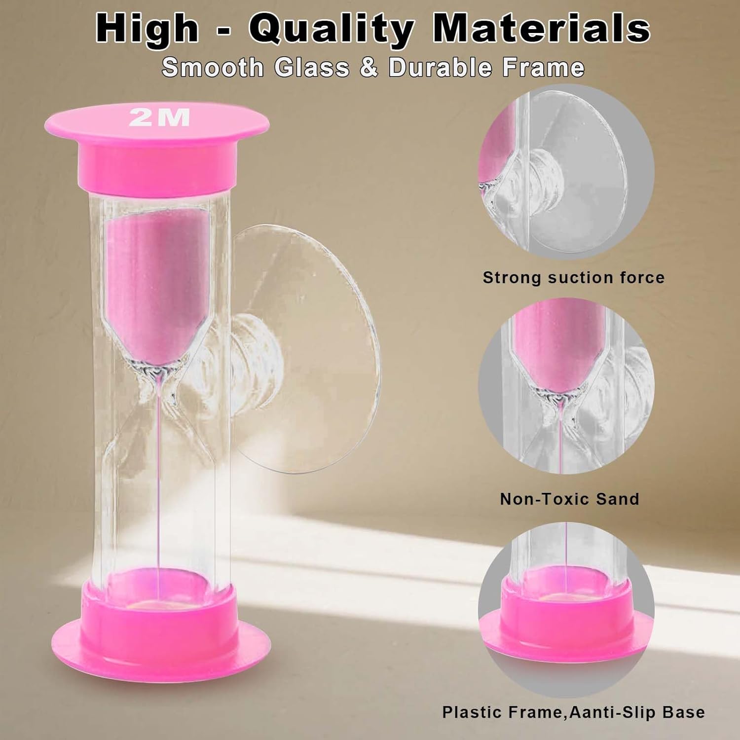 2 Minute Sand Timer with Sauction Cup, Small Blue and Pink Acrylic Hourglass Sand Clock Set, Plastic Glass Mini Sandglass for Classroom Games Kitchen (Pack of 2)