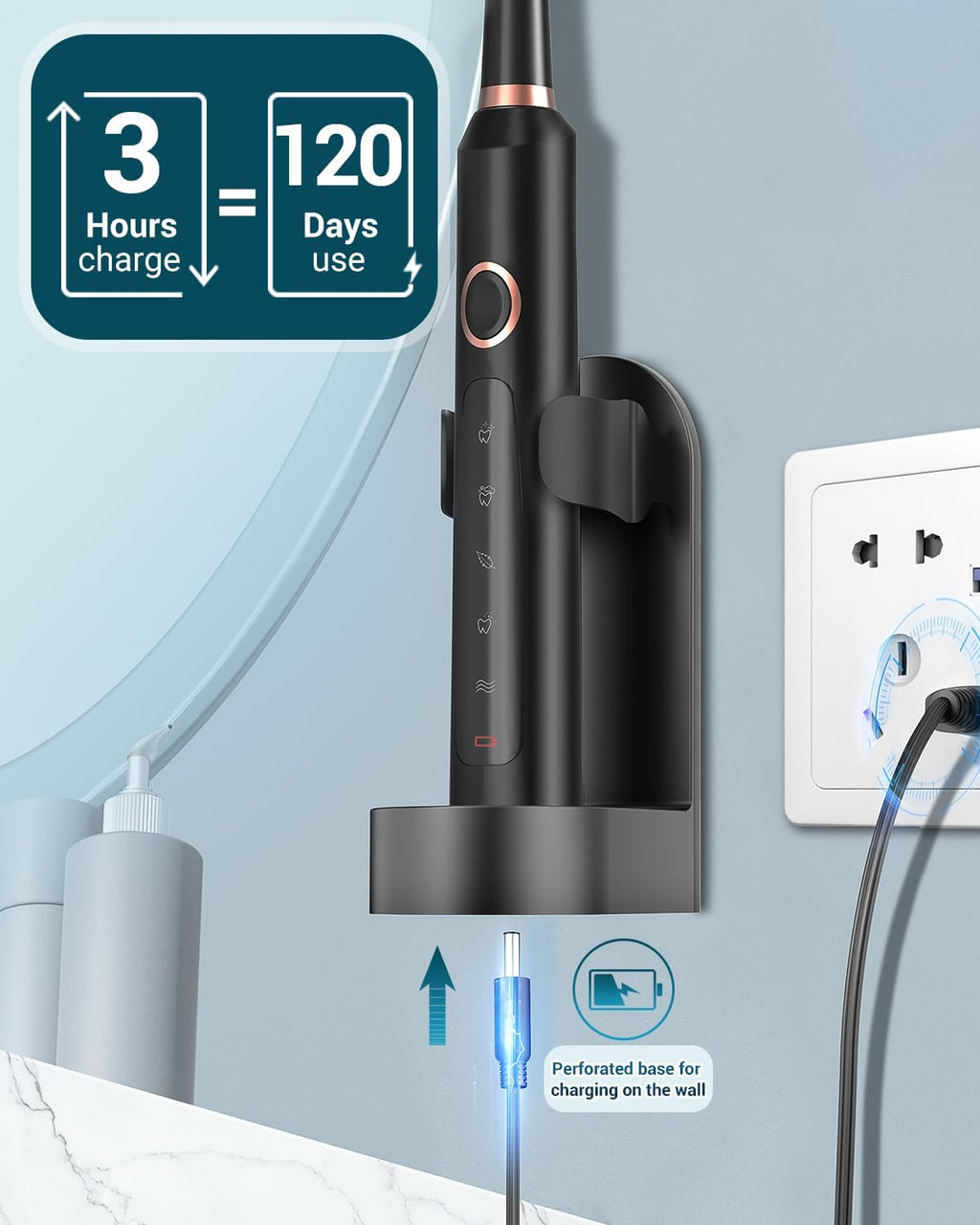 Rtauys Electric Toothbrush for Adults, 8 Brush Heads & Travel Case,5 Modes with 2 Minutes Built in Smart Timer, One Charge for 120 Days, 41000 VPM Motor (Black)