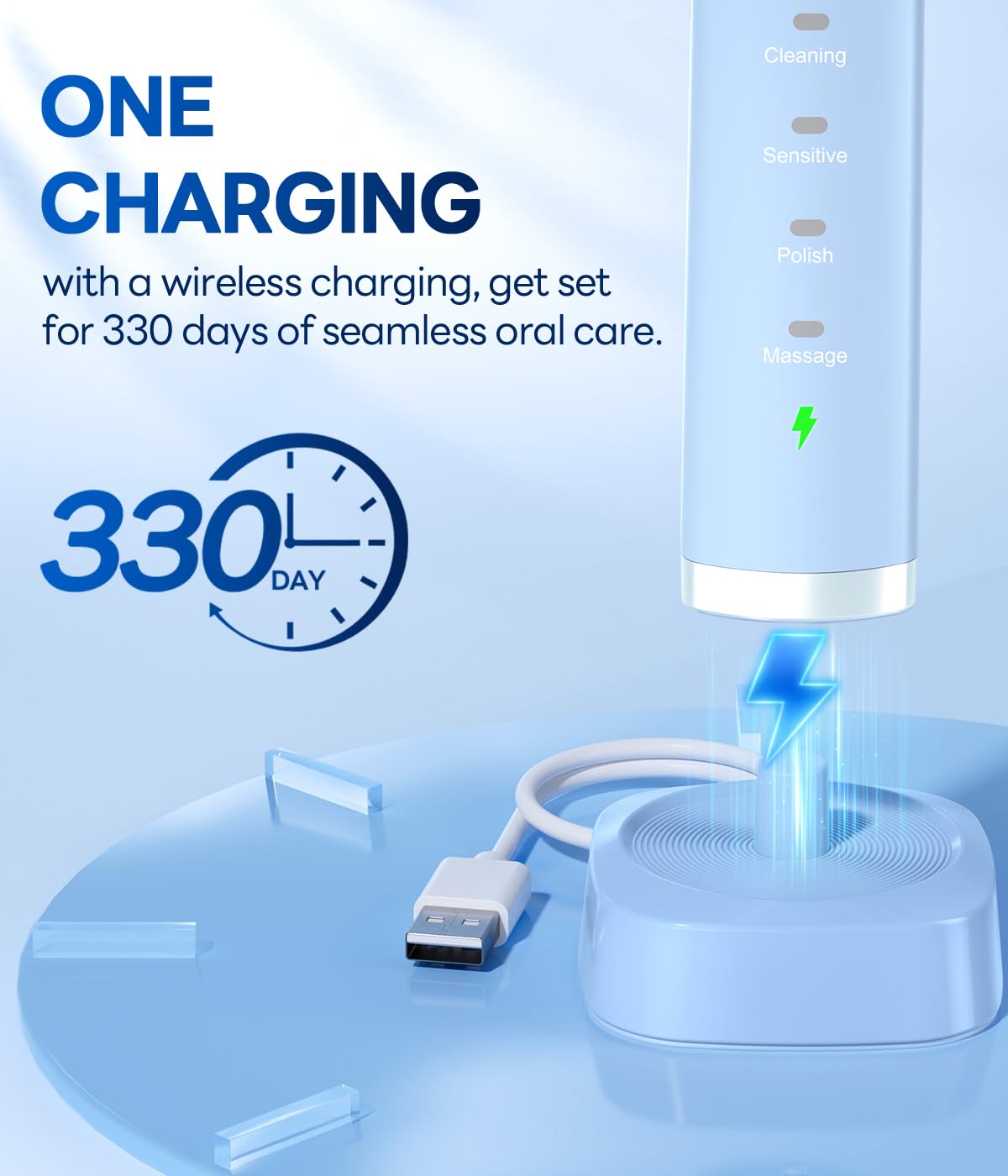 Bymore 8 Replacement Heads Electric Toothbrush for Adults, Ultra Clean Rechargeable Sonic Toothbrush Portable - Sky Blue