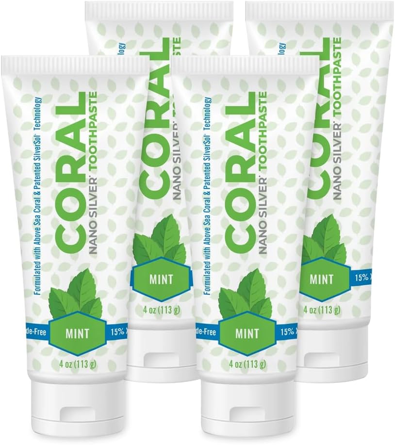 Coral White Nano Silver Mint Toothpaste, Natural Fluoride Free Teeth Whitening Toothpaste, Coral Calcium Nano Silver Infused SLS, Glycierin Free 4 Ounce (4 Pack)